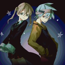  1boy 1girl absurdres black_jacket blonde_hair breasts brown_eyes collared_shirt cotolu cowboy_shot diagonal-striped_clothes diagonal-striped_necktie grey_hair hair_between_eyes hands_in_pockets headband highres jacket light_smile long_hair maka_albarn necktie own_hands_together pants parted_lips plaid_clothes plaid_skirt red_eyes red_pants red_skirt school_uniform shirt short_hair skirt small_breasts soul_eater soul_evans standing striped_clothes striped_necktie twintails white_shirt yellow_sleeves 