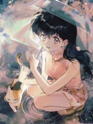  1girl calico_(pattern) calico_cat commentary english_commentary floral_print floral_print_skirt highres higurashi_kagome holding holding_umbrella inuyasha kagomehomecn kneeling looking_at_viewer looking_up petals pink_eyes pink_petals pink_top platform_sandals print_skirt rain ripples sandals skirt sleeveless sleeveless_turtleneck smile transparent transparent_umbrella turtleneck umbrella water_drop 