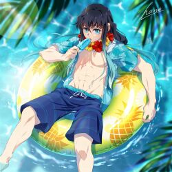  1boy abs aqua_eyes aqua_hair black_hair food hana_ni_nare highres holding holding_food holding_popsicle inflatable_ring kimetsu_no_yaiba long_hair male_swimwear ocean pectorals popsicle short_sleeves solo swim_trunks tokitou_muichirou water 