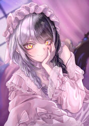  1girl absurdres black_hair blurry blurry_background braid closed_mouth frilled_hat frills grey_hair hair_ornament hair_over_shoulder hand_on_own_cheek hand_on_own_face hand_up hat highres hololive hololive_english indoors lace_trim long_hair looking_at_viewer low_twin_braids mob_cap multicolored_hair nightgown official_alternate_costume official_alternate_hairstyle outstretched_arm pink_hat pink_nightgown reaching reaching_towards_viewer shiori_novella shiori_novella_(pajamas) single_off_shoulder smile solo split-color_hair star_(symbol) star_hair_ornament twin_braids upper_body virtual_youtuber yellow_eyes zolomon_(jarvis_lin) 