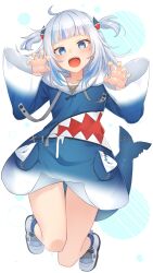  1girl absurdres blue_eyes blue_hoodie blue_socks blue_streaks blunt_bangs claw_pose fins fish_tail full_body gawr_gura gawr_gura_(1st_costume) grey_hair hands_up highres hololive hololive_english hood hoodie long_sleeves medium_hair multicolored_hair no_pants open_mouth ryuga_(balius) shark_girl shark_tail sharp_teeth shoes sneakers socks solo streaked_hair tail teeth two_side_up virtual_youtuber white_shoes wide_sleeves 
