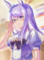  1girl animal_ears aqua_bow blush bow bowtie breasts closed_mouth ear_bow ear_ribbon glasses highres horse_ears horse_girl long_hair looking_at_viewer mejiro_mcqueen_(umamusume) neko_juu puffy_short_sleeves puffy_sleeves purple_bow purple_bowtie purple_hair purple_shirt sailor_collar sailor_shirt school_uniform shirt short_sleeves small_breasts smile solo tracen_school_uniform umamusume upper_body violet_eyes white_sailor_collar 