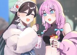  2girls alternate_breast_size_(larger) aubrey_(birthday)_(omori) aubrey_(faraway)_(omori) aubrey_(omori) black_hair blue_bow blue_eyes blush bow braid breasts cardigan closed_eyes commentary_request cup ear_piercing feeding forest_bunny_(omori) genk1zam4s hair_behind_ear hair_bow hair_ornament hairclip holding holding_cup holding_spoon jacket long_hair low_twin_braids mari_(birthday)_(omori) mari_(faraway)_(omori) mari_(omori) medium_breasts multiple_girls nail_polish official_alternate_costume omori open_cardigan open_clothes open_mouth piercing pink_cardigan pink_hair smile spoon teeth twin_braids upper_teeth_only white_jacket 