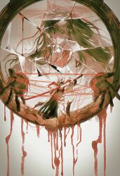  1boy 1girl absurdres black_hair blood broken_mirror e.g.o_(project_moon) great_trichiliocosm_(e.g.o) highres holding holding_weapon japanese_clothes katana kimono kurukuru259 limbus_company long_hair mirror project_moon ryoshu_(project_moon) string sword weapon white_kimono yi_sang_(project_moon) 