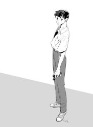  1boy belt closed_mouth commentary frown greyscale ikari_shinji korean_commentary let_ink male_focus monochrome neon_genesis_evangelion pants shirt shoes short_hair sneakers solo 