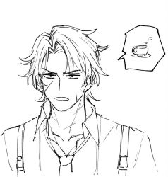  1boy chest_harness coffee collared_shirt cup greyscale harness heathcliff_(project_moon) killerohan limbus_company long_hair looking_at_viewer monochrome necktie open_mouth project_moon scar scar_on_face scar_on_neck shirt simple_background solo speech_bubble very_long_hair 