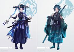  2boys adapted_costume ahoge anemo_symbol_(genshin_impact) aqua_hair aqua_hanfu arm_tattoo armor belt black_belt black_bodysuit black_bow black_bridal_gauntlets black_hair black_hakama black_kimono black_pants black_sandals black_shirt blue_cape blue_gem blue_hat blue_jingasa blue_kimono blunt_ends bodysuit bow bridal_gauntlets cape chinese_clothes choppy_bangs cloud_print commentary_request constellation covered_collarbone curtained_hair dao eyeliner facial_mark feathers forehead_mark full_body furisode gem genshin_impact gold gold_ring hakama hakama_pants hands_up hanfu hat highres japanese_armor japanese_clothes jingasa juban katana kimono kote kukatsuma kurokote looking_at_viewer makeup mandarin_collar mask middle_ring mountain_print multicolored_hair multiple_boys off_shoulder open_hands pants pleated_pants pom_pom_(clothes) purple_sash red_eyeliner sandals sash scaramouche_(genshin_impact) sheath sheathed shirt shoulder_spikes side_cape sidelocks single_bare_shoulder single_off_shoulder slit_pupils spikes split_screen standing streaked_hair sword sword_on_back tassel tattoo toeless_legwear toenails toes twitter_username wanderer_(genshin_impact) weapon weapon_on_back white_background white_mask white_trim wolf_cut xiao_(genshin_impact) yellow_eyes yellow_feathers zhongguo_hua zouri 