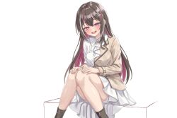  1girl 666girimekara absurdres ascot azki_(4th_costume)_(hololive) azki_(hololive) black_hair blush colored_inner_hair commentary_request dress feet_out_of_frame hair_ornament half-closed_eyes half-jacket hands_on_own_knees highres hololive jacket long_hair multicolored_hair open_mouth short_shorts shorts sidelocks simple_background sitting smile solo two-tone_hair very_long_hair violet_eyes virtual_youtuber white_ascot white_background white_dress white_shorts yellow_jacket 