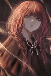  1girl absurdres black_dress braid cokei commentary_request dress fata_morgana_no_yakata highres jewelry looking_at_viewer morgana_(fata_morgana_no_yakata) open_mouth red_hair solo twin_braids witch yellow_eyes 