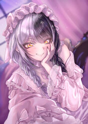  1girl :d absurdres black_hair blurry blurry_background braid frilled_hat frills grey_hair grin hair_ornament hair_over_shoulder hand_on_own_cheek hand_on_own_face hand_up hat highres hololive hololive_english indoors lace_trim long_hair looking_at_viewer low_twin_braids mob_cap multicolored_hair nightgown official_alternate_costume official_alternate_hairstyle outstretched_arm pink_hat pink_nightgown reaching reaching_towards_viewer shiori_novella shiori_novella_(pajamas) single_off_shoulder smile solo split-color_hair star_(symbol) star_hair_ornament twin_braids upper_body virtual_youtuber yellow_eyes zolomon_(jarvis_lin) 