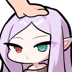  1girl closed_mouth commission commissioner_upload emoticon fire_emblem fire_emblem:_the_binding_blade gliesse82_5 hand_on_another's_head headpat heterochromia idunn_(fire_emblem) light_smile pointy_ears purple_hair solo_focus 
