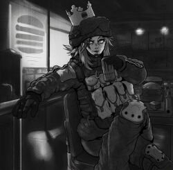  1girl ammunition_pouch black_gloves body_armor burger burger_king burger_king_crown camouflage camouflage_jacket can chair crossed_legs food fyugins_png gloves gun helmet highres holding holding_can jacket knee_guards load-bearing_vest mole mole_on_cheek monster_energy on_chair original pouch russian_ground_forces russo-ukrainian_war sidelocks sitting smile soldier solo suppressor weapon 