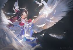  1girl ai-generated bird black_hair columbina_(genshin_impact) commentary dress english_commentary eye_mask feathers genshin_impact hair_ornament head_wings long_hair mask moudanji multicolored_hair multiple_wings purple_hair purple_streaks ribbon see-through_clothes see-through_mask streaked_hair two-tone_hair unusually_open_eyes very_long_hair white_bird white_dress white_headdress white_mask white_wings wing_hair_ornament wings wrist_bow 