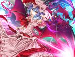  1girl ascot bat bat_wings broken broken_chain chain dress highres ichinose_rom lavender_hair magic open_mouth pink_clothes red_eyes remilia_scarlet short_hair smile spear_the_gungnir touhou wings 