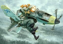  bf_109 boots finnish flying gloves green_eyes kome mecha_musume scarf swastika white_hair wings world_war_ii 