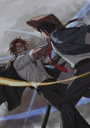  2boys black_jacket black_pants blade_lineage_(identity)_(project_moon) brown_hair clenched_teeth commentary_request fighting hat heathcliff_(project_moon) highres irezumi jacket katana killerohan kurokumo_clan_(identity)_(project_moon) limbus_company meursault_(project_moon) multiple_boys necktie pants project_moon red_necktie rice_hat sheath shirt sword tattoo teeth weapon white_shirt 