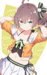  ahoge aqua_eyes arms_up black_camisole black_ribbon brown_hair camisole cat_hair_ornament closed_mouth crop_top cropped_jacket flat_chest green_ribbon hair_between_eyes hair_ornament hair_ribbon halterneck highres hololive jacket looking_at_viewer midriff miniskirt natsuiro_matsuri natsuiro_matsuri_(1st_costume) navel off-shoulder_jacket off_shoulder orange_jacket pleated_skirt ribbon ryuga_(balius) short-sleeved_jacket short_hair_with_long_locks short_sleeves side_ponytail skirt smile spaghetti_strap virtual_youtuber white_skirt 
