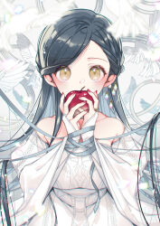  1girl apple bird black_hair blurry blurry_foreground bound bound_wrists braid bridal_gauntlets clothing_cutout commentary_request covered_mouth dress food fruit hair_ornament holding holding_food holding_fruit honzuki_no_gekokujou jewelry keiko_(x_h2o) long_hair long_sleeves looking_at_viewer myne_(honzuki_no_gekokujou) partial_commentary partially_colored red_nails ribbon ring sash shoulder_cutout solo standing very_long_hair white_dress white_sash wide_sleeves yellow_eyes 