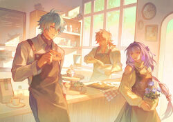  1girl 2boys analog_clock antenna_hair apron arm_tattoo artist_name bare_shoulders black_apron black_sweater blonde_hair blue_eyes bowl braid breasts cafe castorice_(honkai:_star_rail) castorice_(luckin_coffee)_(honkai:_star_rail) character_cookie chimera_(honkai:_star_rail) clock closed_mouth clothing_cutout coffee coffee_mug commentary_request counter cup cupcake food grey_skirt holding holding_bowl holding_plant holding_whisk honkai:_star_rail honkai_(series) indoors long_hair long_sleeves looking_at_another low-tied_long_hair medium_breasts medium_hair mixing_bowl mug multiple_boys mydei_(delicacies)_(honkai:_star_rail) mydei_(fig_stew)_(honkai:_star_rail) mydei_(honkai:_star_rail) no_coat open_clothes open_shirt parted_lips phainon_(express_travel)_(honkai:_star_rail) phainon_(honkai:_star_rail) plant potted_plant purple_hair red_tattoo shi_(shi_zumii) shirt short_hair shoulder_cutout side_braid skirt smile sunlight sweater tattoo tiered_tray turtleneck turtleneck_sweater very_long_hair violet_eyes wall_clock whisk white_hair white_shirt white_sweater window 