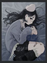  1girl ahoge bags_under_eyes bandages bandaid bandaid_on_face bandaid_on_hand bandaid_on_knee bandaid_on_leg bed_sheet beret black_border black_hair black_skirt blue_jacket blue_sweater boots border brown_border canariadraw cardigan closed_eyes closed_mouth commentary_request commission eyepatch feet_out_of_frame fetal_position frills from_above from_side gauze grey_border grey_jacket grey_shirt hair_spread_out hands_up hat highres holding injury jacket knee_boots kneehighs legs_together long_hair long_sleeves lying medical_eyepatch messy_hair muted_colors on_bed on_side one_eye_covered open_clothes open_jacket original own_hands_together parted_lips pleated_skirt profile ribbon shirt skeb_commission skirt sleeping sleeves_past_wrists socks solo sweater white_ribbon white_socks 