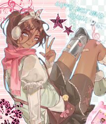  1girl alien_stage alternate_costume amputee birthday black_skirt brown_hair character_name commentary dark-skinned_female dark_skin earmuffs english_text fancylxncy grey_eyes hairband happy_birthday highres hyuna_(alien_stage) knees_up long_hair looking_at_viewer pink_scarf ponytail prosthesis prosthetic_leg scarf skirt solo star_(symbol) sweater tongue tongue_out treble_clef unfinished w white_sweater 