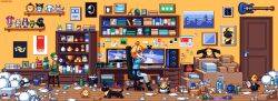  1girl absurdres animated animated_gif bedroom bird blonde_hair box dog dokibird dokibird_(bounty_hunter) highres messy_room onor pixel_art short_hair trash trash_bag virtual_youtuber 