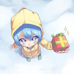  1girl an_dres_art blue_eyes blue_hair blush boots child commentary dirty_footwear english_commentary from_above gift green_boots highres holding holding_gift incoming_gift jubilee_2025 luce_(jubilee_2025) raincoat rosary rubber_boots snowing solo winter yellow_raincoat 