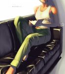  1girl ace_combat ace_combat_5 barefoot black_hair book cargo_pants collarbone couch cup english head_out_of_frame holding kei_nagase pen short_hair sitting tank_top 