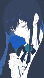 1girl absurdres ado_(utaite) black_jacket blue_bow blue_bowtie blue_flower blue_hair blue_rose bow bowtie chando_(ado) closed_eyes collared_shirt colored_inner_hair flower gloves hand_up highres jacket long_hair multicolored_hair nekoffien purple_background rose shirt sidelocks simple_background smelling smelling_flower solo white_gloves white_shirt 