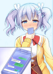  1girl absurdres amairo_islenauts blue_background blue_eyes blue_hair blue_outline blunt_bangs blush bow bowtie butterfly_hair_ornament cardigan commentary_request cowboy_shot fen_cichlid_girls_academy_school_uniform hair_ornament hair_ribbon half-closed_eyes hand_up highres holding holding_phone long_sleeves looking_at_phone medium_hair nose_blush open_cardigan open_clothes outline phone red_bow red_bowtie red_skirt ribbon school_uniform shiraga_airi shirt shrimp_3 sidelocks simple_background skirt solo text_messaging translation_request twintails underbust white_ribbon white_shirt yellow_cardigan 