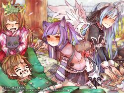  1boy 3girls ^_^ animal_ears antenna_hair artist_name artist_request avatar_(eco) bastet_lore black_dress black_hairband black_skirt blue_hair bow bow_hairband brown_corset brown_eyes brown_hair cat_ears cat_tail closed_eyes company_name cookie copyright_logo copyright_notice corset drawing_on_another's_face dress drooling emil_chronicle_online food frilled_jacket frills green_jacket hagoromo hairband holding holding_pen holding_stuffed_toy jacket japanese_clothes kimono logo lying maid_headdress mitama_kyrie multiple_girls neck_ribbon official_alternate_costume official_art one_eye_closed pen pink_bow pink_kimono purple_jacket purple_shirt red_ribbon ribbon shawl shirt skirt sleeping smile striped_clothes striped_shirt stuffed_toy tail tail_bow tail_ornament twintails two-tone_kimono white_kimono white_shirt white_wings wings 