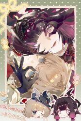  2girls alternate_universe artist_name bat_wings black_gloves blue_eyes border brown_hair caicaizi_(dois1) character_name chibi chibi_inset columbina_(big_bad_vampire)_(genshin_impact) columbina_(genshin_impact) commentary fang genshin_impact gloves hair_ornament head_wings heart highres looking_at_viewer multicolored_hair multiple_girls official_alternate_costume one_eye_closed ornate_border purple_hair purple_wings sandrone_(genshin_impact) sandrone_(vampire_hunter)_(genshin_impact) sigh star_(symbol) untranslatable_commentary vampire violet_eyes wings yuri 