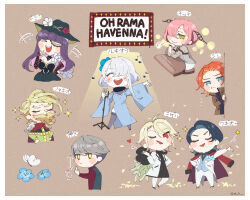  +++ 1girl 6+boys :d arrow_(symbol) beamed_eighth_notes beard black_sweater blonde_hair blue_dress blue_eyes blue_flower blue_hair blue_vest blunt_bangs blush_stickers brown_coat character_name closed_eyes closed_mouth coat commentary_request copyright_name crossdressing crossdressing_(mtf) curtained_hair dress eighth_note facial_hair flower full_beard green_eyes grey_hair hair_over_one_eye highres jack_jeanne jacket long_hair long_sleeves multiple_boys musical_note mustache mutsumi_kai neji_kokuto oh_rama_havenna! on_stool one_eye_covered open_clothes open_coat open_jacket open_mouth orimaki_suzu otori_kyoji pink_hair purple_hair red_eyes red_hair ribbed_sweater see-through_clothes shirota_mitsuki short_hair short_hair_with_long_locks singing single_sidelock sitting smile sparkle stool succhii_(pikaru) sweater tachibana_kisa takashina_sarafumi translated trap u_u vest white_coat white_dress white_jacket yellow_eyes yonaga_soshiro 