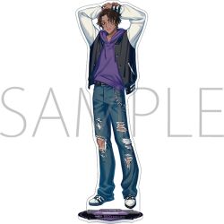  1boy acrylic_stand_(medium) arms_up baggy_pants black_jacket blue_pants denim heathcliff_(project_moon) hood hoodie jacket jeans letterman_jacket limbo limbus_company looking_at_viewer official_art pants project_moon purple_hoodie sample_watermark shoes simple_background solo torn_clothes torn_jeans torn_pants wallet_chain watermark white_background white_shoes white_sleeves 
