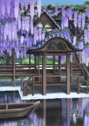  architecture boat bush cool_colors dated east_asian_architecture flower gable_roof garden highres kadukireia no_humans original reflection reflective_liquid scenery signature tile_roof tree trellis walkway water watercraft watermark wisteria wooden_floor 