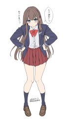  1girl absurdres blue_eyes blue_jacket blue_socks blush bow braid breasts brown_hair brown_shoes closed_mouth collared_shirt commentary_request hair_ornament hair_ribbon hairclip highres jacket long_hair long_sleeves looking_at_viewer open_clothes open_jacket original pink_ribbon pleated_skirt red_bow red_skirt ribbon school_uniform shirt shoes simple_background skirt socks solo speech_bubble translation_request unasaka_ryou white_shirt 