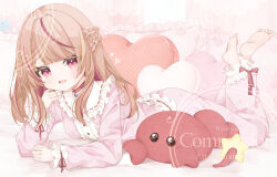  1girl absurdres akane_rura brown_hair choker commentary_request commission feet full_body hair_intakes highres indie_virtual_youtuber long_hair looking_at_viewer lying multicolored_hair on_bed on_stomach pajamas parted_lips pillow pink_eyes pink_pajamas red_choker red_streaks saekiya_sabou sidelocks skeb_commission smile soles solo streaked_hair thank_you toes virtual_youtuber watermark 