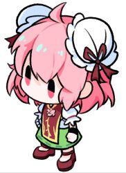  1girl ahoge bandaged_arm bandages bun_cover commentary_request double_bun full_body green_skirt hair_bun ibaraki_kasen li_yaohan pink_eyes pink_hair red_shoes ribbon-trimmed_skirt ribbon_trim shoes short_hair short_sleeves simple_background skirt solo standing tabard touhou variant_set white_background 