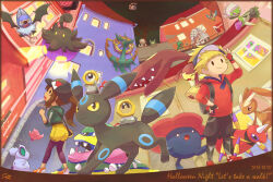  1boy 1girl alolan_muk alternate_color ariados artist_logo baseball_cap building chatot closed_eyes closed_mouth commentary_request cosmoem decidueye dhelmise english_text furfrou furfrou_(natural) golisopod halloween hat highres logo lopunny mawile meltan musharna nidoran nidoran_(female) night open_mouth pokemon pokemon_(creature) pokemon_go pumpkaboo reuniclus roserade samsung_(yuzuikka) shiny_pokemon sky smile spiritomb spritzee swoobat town tree umbreon vileplume 