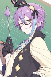  1boy :3 asymmetrical_hair bespectacled black-framed_eyewear black_gloves black_hairband black_ribbon black_vest blue_bow blue_bowtie blue_streaks bow bowtie chalkboard change!_emu_wa_ojou_sama!?_(project_sekai) closed_mouth glasses gloves hair_between_eyes hair_ornament hair_ribbon hairband half_gloves hand_up highres holding holding_pointer j_goux99 kamishiro_rui long_sleeves looking_at_viewer looking_to_the_side male_focus multicolored_hair neck_ribbon open_clothes open_vest pointer project_sekai purple_hair purple_ribbon rabbit_hair_ornament ribbon semi-rimless_eyewear shirt short_hair solo streaked_hair teacher upper_body vest yellow_eyes yellow_shirt 