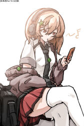  absurdres alternate_costume artist_name bag black_bag black_necktie blonde_hair brown_jacket cellphone collared_shirt commentary_request dated hair_between_eyes headphones highres holding holding_phone jacket lyrica_prismriver necktie one-hour_drawing_challenge open_clothes open_jacket phone red_eyes red_skirt shirt simple_background skindentation skirt smartphone thigh-highs touhou ve1024 white_background white_shirt white_thighhighs 