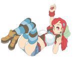  1girl akane_(pokemon) ankle_boots asuna_(pokemon) bellend boots breasts crossed_ankles flat_color fusion hair_ornament hairclip long_hair lying midriff miniskirt on_back panties pantyshot pantyshot_(lying) pillow poke_ball pokemon pokemon_(game) red_eyes redhead skirt smile solo striped striped_legwear suzuna_(pokemon) thighhighs twintails underwear white_panties work_in_progress wristband 