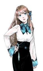  black_skirt blue_eyes brown_hair butterfly_hair_ornament character_request closed_mouth commentary_request copyright_request earrings expressionless gift_art hair_ornament hand_on_own_hip jewelry korean_commentary let_ink pale_skin pink_lips skirt solo wavy_hair white_background 