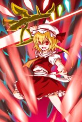  blonde_hair commentary_request crystal_wings flandre_scarlet glowing glowing_sword glowing_weapon glowing_wings hat holding holding_weapon kumoi_kei laevatein_(touhou) mob_cap red_eyes red_skirt red_vest ribbon side_ponytail skirt touhou vampire vest weapon wings 