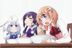  3girls :< absurdres angora_rabbit animal_on_head blue_bow blue_eyes blue_hair blue_vest blush bow bowl bowtie chopsticks closed_eyes collared_shirt eating feeding flower food from_below gochuumon_wa_usagi_desu_ka? hair_flower hair_ornament hairclip highres holding holding_bowl holding_chopsticks hoto_cocoa kafuu_chino kamaboko long_hair long_sleeves looking_at_viewer medium_hair mikami_komata multiple_girls narutomaki non-web_source noodles on_head open_mouth orange_hair parallel_hairclips pink_flower pink_vest purple_bow purple_hair purple_vest rabbit rabbit_house_uniform rabbit_on_head ramen red_bow red_bowtie scan shirt simple_background slurping softboiled_egg sweatdrop table tareme twintails upturned_eyes vest violet_eyes white_background white_shirt wing_collar winter_uniform x_hair_ornament 