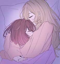  2girls black_hair blush brown_hair closed_eyes columbina_(genshin_impact) commentary cuddling genshin_impact highres hug long_hair multicolored_hair multiple_girls pillow pink_sweater purple_streaks purple_sweater roheun_1414 sandrone_(genshin_impact) streaked_hair sweater yuri 