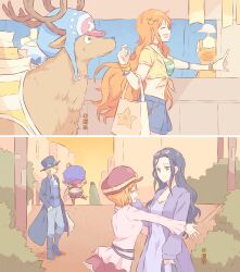  3boys 3girls antlers black_hair blonde_hair blue_eyes boots cardigan chinese_commentary coat commentary_request cross dress emporio_ivankov hat highres hood horns koala_(one_piece) long_hair mandel multiple_boys multiple_girls nami_(one_piece) nico_robin one_piece pants pink_hat pink_shirt purple_cardigan purple_dress purple_hair reindeer_antlers sabo_(one_piece) shirt short_hair smile tony_tony_chopper 
