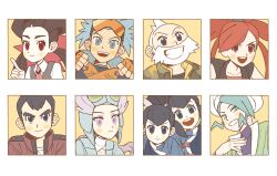  28_(eep228) 4girls 5boys :d beard black_hair blush brawly_(pokemon) brown_hair closed_mouth commentary_request eyelashes facial_hair fingerless_gloves flannery_(pokemon) gloves green_hair grin hand_up highres index_finger_raised jacket korean_commentary liza_(pokemon) long_hair multiple_boys multiple_girls norman_(pokemon) open_mouth pokemon pokemon_omega_ruby_and_alpha_sapphire purple_hair red_eyes red_hair roxanne_(pokemon) smile tate_(pokemon) teeth twintails wallace_(pokemon) wattson_(pokemon) white_hair winona_(pokemon) 