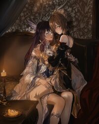  2girls bare_shoulders black_dress black_hair brown_hair candle columbina_(genshin_impact) commentary curtains desk detached_sleeves dress english_commentary eye_mask genshin_impact hand_on_another's_shoulder headboard highres icepotatoooo indoors layered_dress long_hair long_sleeves looking_at_viewer looking_to_the_side mask multiple_girls on_bed parted_lips sandrone_(genshin_impact) short_hair_with_long_locks sitting sitting_on_lap sitting_on_person sleeveless sleeveless_dress straight_hair turning_head wallpaper_(object) white_dress white_mask yuri 