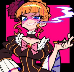  absurdres afrogenix beatrice_(umineko) black_choker blonde_hair blue_eyes bow braid brown_dress choker dress evil_smile flower formal_clothes frilled_choker frilled_dress frilled_sleeves frills gem hair_bun hair_ornament highres holding holding_smoking_pipe looking_at_viewer pink_bow red_flower red_gem red_rose rose smile smoking_pipe umineko_no_naku_koro_ni wavy_sidelocks 